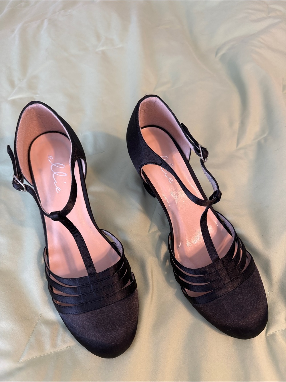 Ellie Black Satin T-Strap Dance Shoes